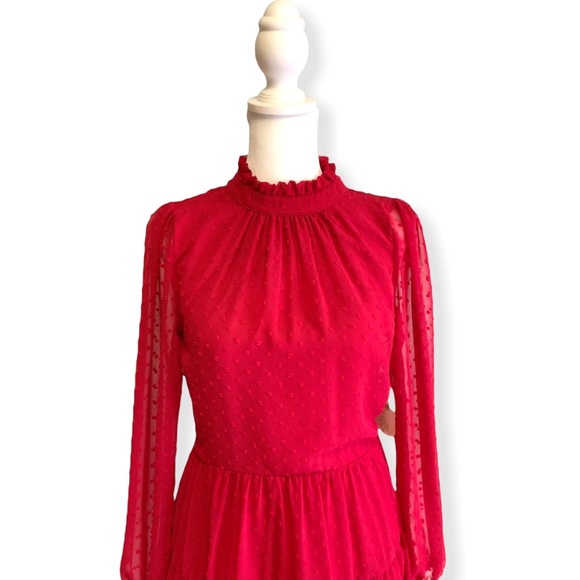 Altar’d State Rich Ruby Red Long Sleeve Tiered High Neck Swiss Dot Holiday Dress - Picture 8 of 11